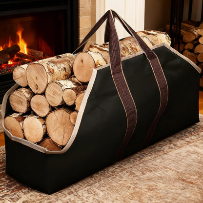 AMAGABELI Large Canvas Log Tote Bag Firewood Carrier Heavy Duty Fireplace Log Holder Fire Wood Carriers Carrying with Handle Wood Sling Fire Place Outdoor Cabin Stove Accessories Black-Enclosed Ends