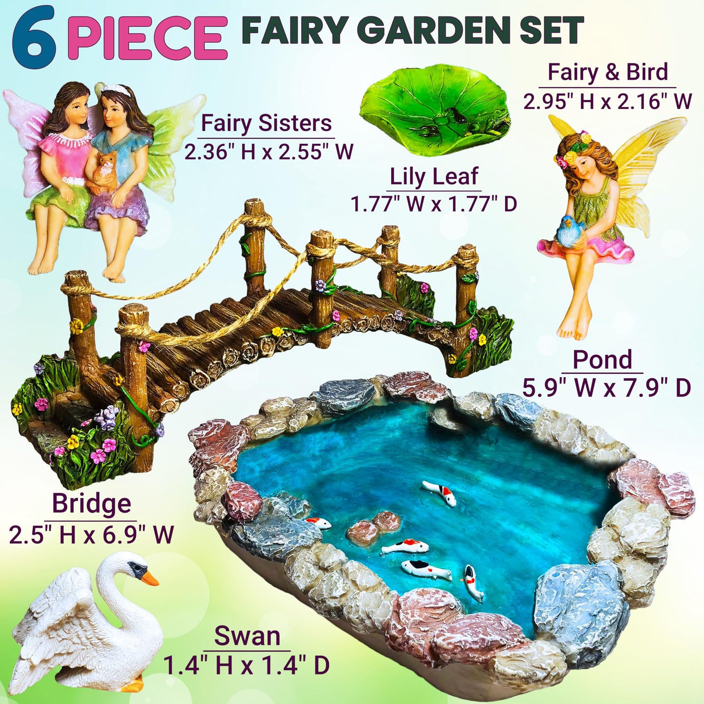 Mood Lab Fairy Garden Figurines - Fish Pond & Bridge - Miniature Decor Set (6 pcs) - Statues & Accessories - Outdoor & Indoor Garden Decor