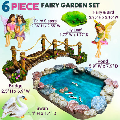 Mood Lab Fairy Garden Figurines - Fish Pond & Bridge - Miniature Decor Set (6 pcs) - Statues & Accessories - Outdoor & Indoor Garden Decor