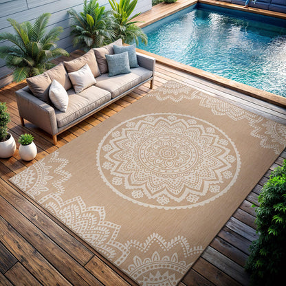 CAMILSON Outdoor Rug 8x10 Modern Area Rugs for Indoor and Outdoor Patios and Porches - Waterproof, Washable, Non-Shedding, Easy-to-Clean Outside Carpet (8 x 10, Medallion - Beige/White)
