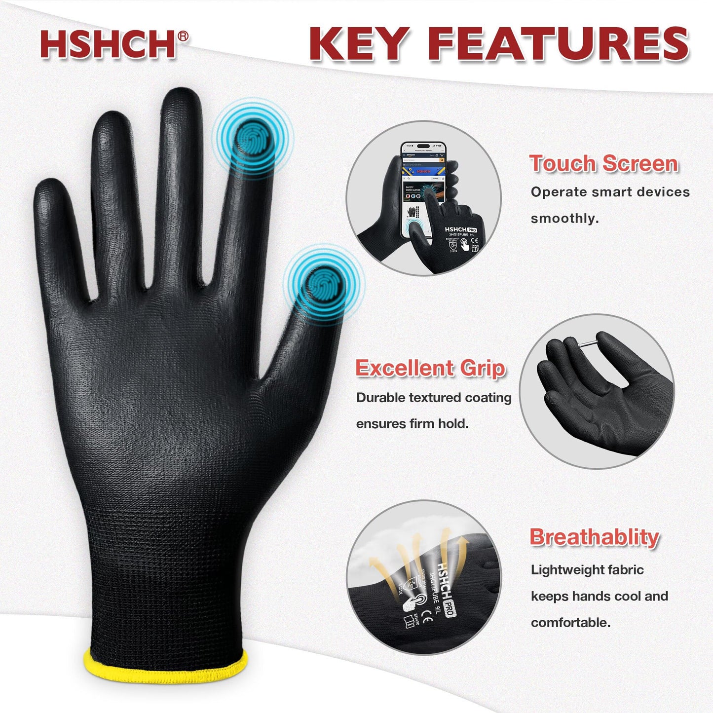 HSHCH Work Gloves for Men and Women 12 Pairs, Seamless Knit Glove with Two Fingers Touchscreen, Ideal for General Duty, Warehouse, Auto, DIY(Large, Black)