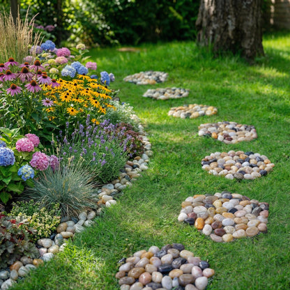 6 PCS Natural River Rock Stepping Stones for Garden Walkway - 9.5'' Hexagon Pebble Mats with Non-Slip Mesh Backing - Decorative Outdoor Stone Pavers for Patio, Lawn, Backyard Path & Landscaping Decor