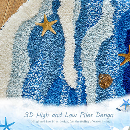 SiliPacks Blue Cute Coastal Beach Themed Bath MatsOcean Wave Tufted Bathroom Rugs, Cute Coastal Beach Themed Bath Mats, Non-Slip Washable Bath Rugs for Bathroom Bedroom Kitchen Decor(20" x47.2")