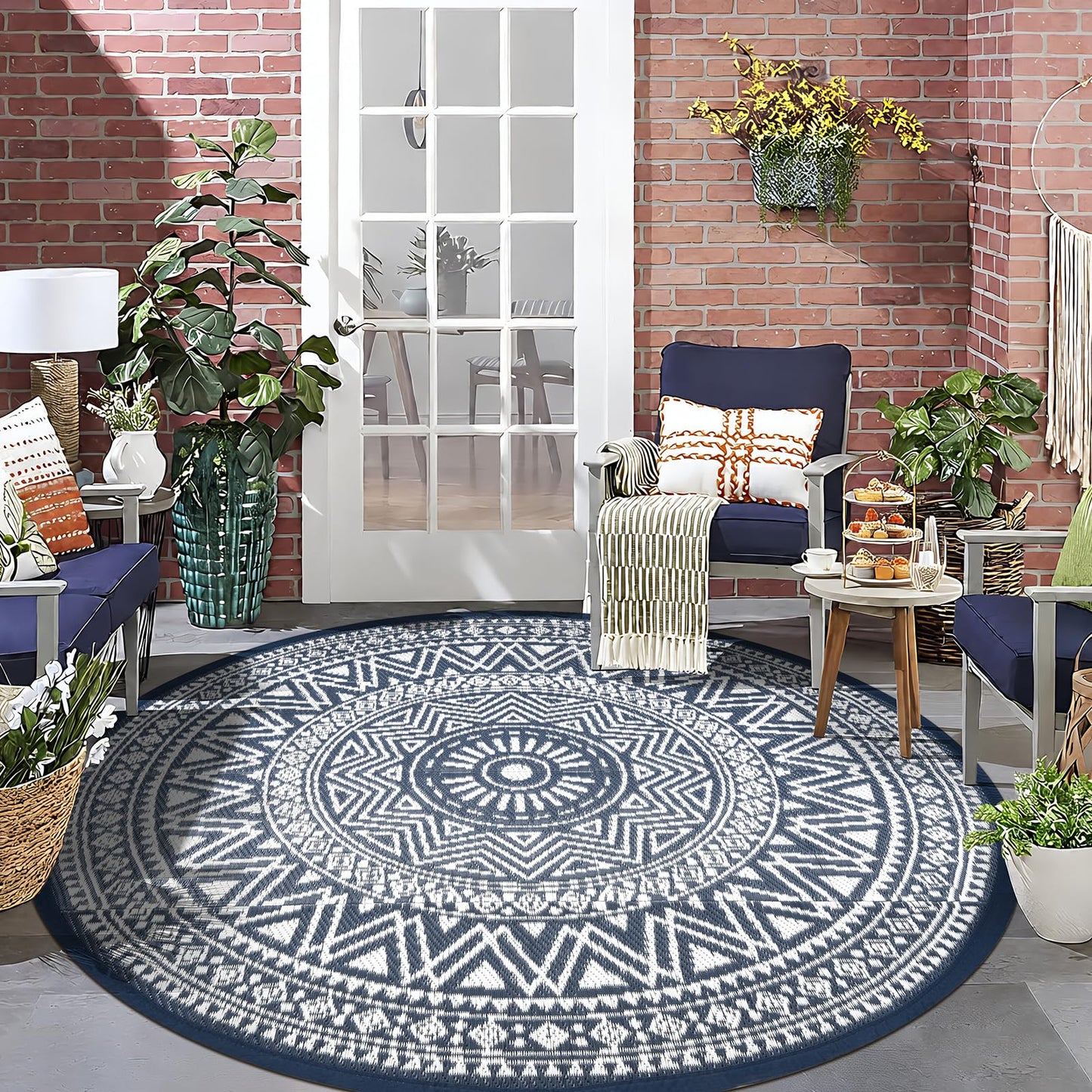 famibay Outdoor Rug Waterproof 6ft Round, Reversible Boho Plastic Straw Patio Camping Area Rugs, Portable Indoor Outdoor RV Mat for Deck, Porch, Balcony, Backyard, Picnic, Beach, Pool, Blue & White
