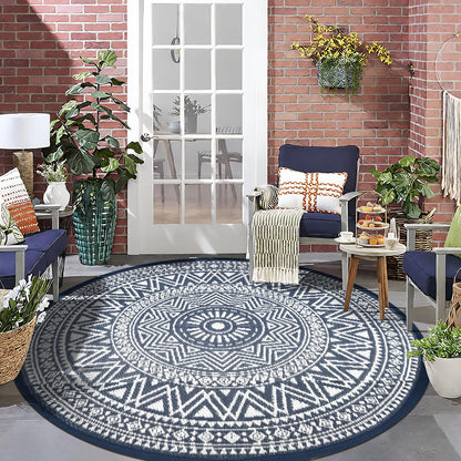 famibay Outdoor Rug Waterproof 6ft Round, Reversible Boho Plastic Straw Patio Camping Area Rugs, Portable Indoor Outdoor RV Mat for Deck, Porch, Balcony, Backyard, Picnic, Beach, Pool, Blue & White