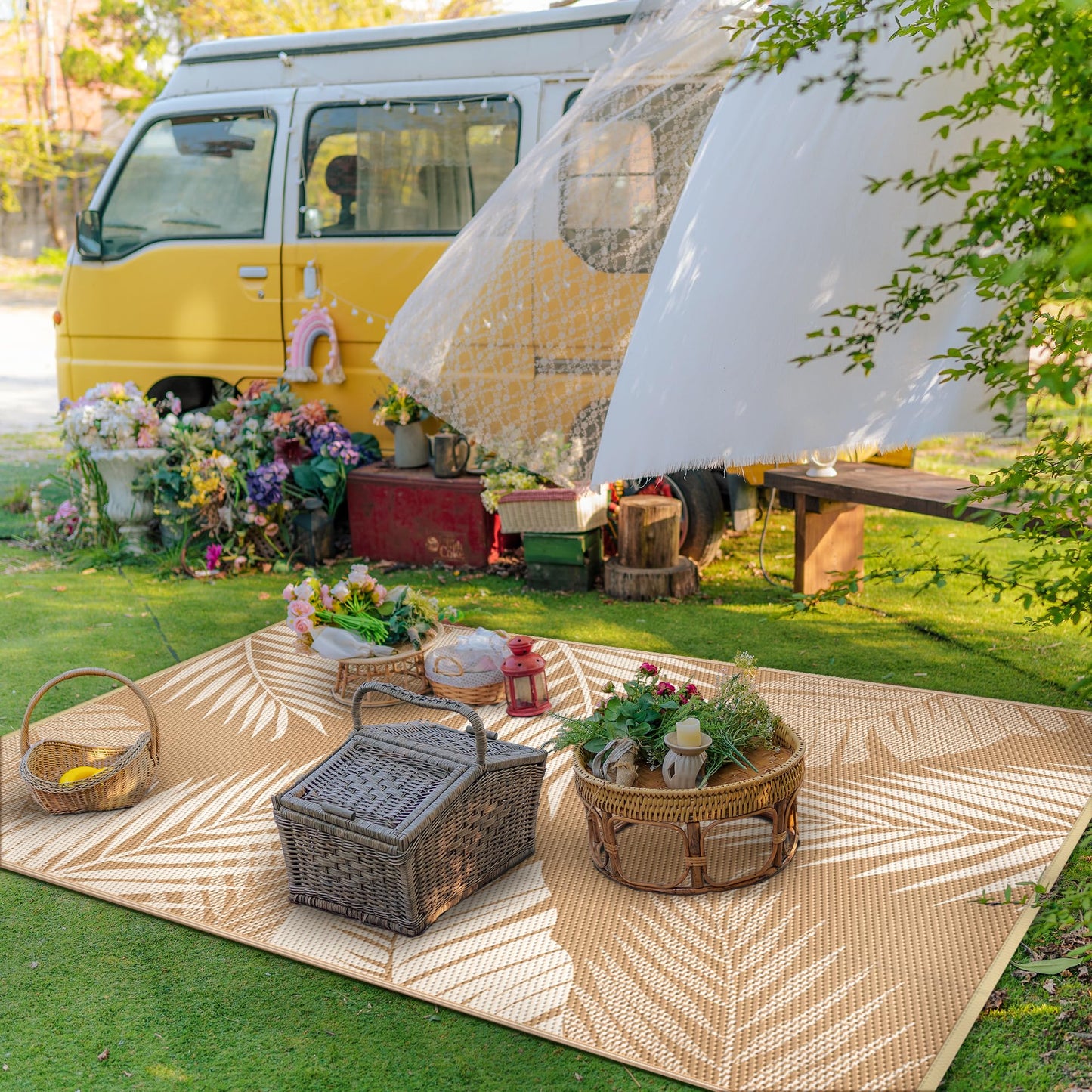 GENIMO Outdoor Rug 8' x 10' Waterproof for Patios Clearance, Reversible Outdoor Plastic Straw Camping Rug Carpet, Large Area Rugs Mats for RV, Camper, Deck, Balcony, Porch, Beach, Picnic, Brown&Beige