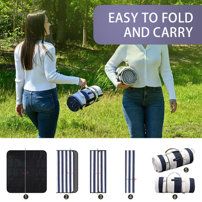 HX&OD Outdoor Picnic Blanket Extra Large, 80''*80'' Waterproof Picnic Mat with Stakes Foldable Camping Blanket Portable with Carry Strap for Beach Mat (Blue& White, 80''*80'')