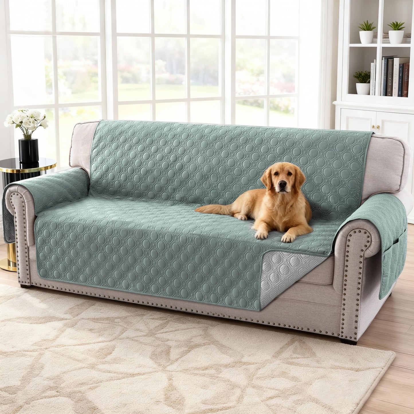 H.VERSAILTEX 100% Waterproof Couch Cover Thick Durable Sofa Slipcover with Storage Pocket Triple Nonslip Furniture Protector for Dogs, Children, Pets, Machine Washable (Sofa, Lily Pad)
