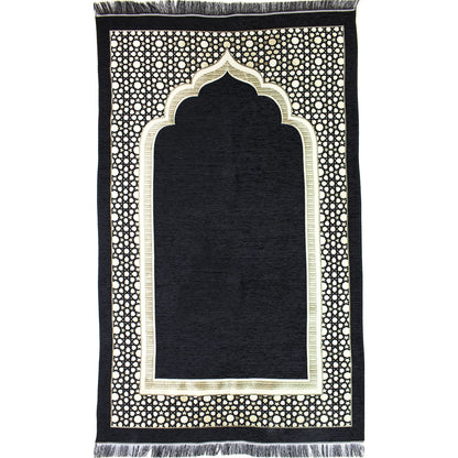 Modefa Turkish Islamic Prayer Mat - Thin Woven Chenille Sajjadah - Intricate Praying Rug Ramadan Eid Gift - Traditional Muslim Janamaz Sajada for Men Women - Geometric Selcuk Star (Black)