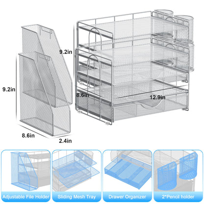 gianotter Desk Organizers and Accessories with File Holder, 4-Tier Desk Accessories & Workspace Organizers with Drawer and 2 Pen Holder, Paper Organizer for Office Supplies (Grey)