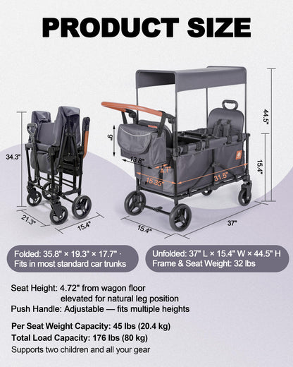 2-in-1 Wagon Stroller for Two Kids – Foldable Push & Pull All‑Terrain Wagon with Canopy, 5‑Point Harnesses,Removable Snack Tray,Storage Bag, Lightweight, Compact Trunk-Friendly Fold – Green