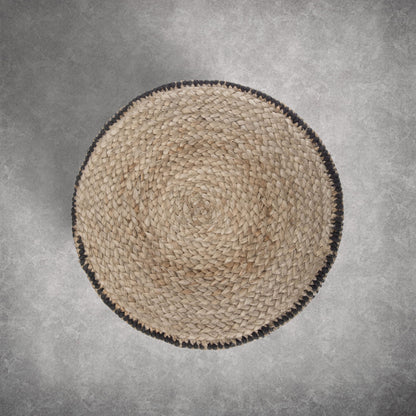 SIMPLIHOME Larissa Round Pouf - 18 inch Wide Hand Braided Jute Ottoman in Sandy Natural/Ebony, Boho Footstool or Extra Seating for Living Room or Kids Room with Polystyrene Bead Filling, Assembled