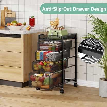 keomaisyto 5-Tier Kitchen Storage Cart with Top Basket & Drawers, Fruit and Vegetable Storage Rack on Lockable Wheels, Metal Kitchen Organization for Snacks, Potatoes, Onions, Cans & Craft Supplies