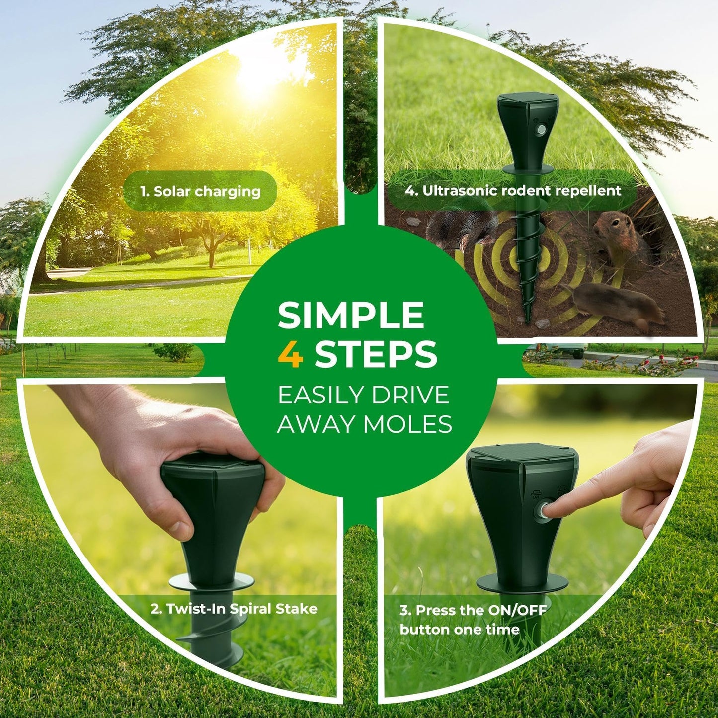 Solar Powered Mole Repellent for Lawns, 8 Packs Ultrasonic Vole Repeller Outdoor, IP 65 Waterproof Outdoor Ultrasonic Mole Deterrent Get Rid of Gopher Vole Skunk Groundhog Snake in Garden Yard Lawn