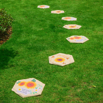 MARCHROSE 4Pcs Round Sunflower Stepping Stone Outdoor Garden Walkway, Durable Plastic Pavers for Patio, Pathway, and Landscaping, Weatherproof Stepping Stones with Ground Stakes (Hexagon Sunflower)