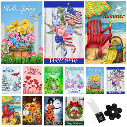 Seasonal Garden Flags Set of 10 12x18 inch Double Sided Yard Flags, Outside Small Garden Flag with Anti-Wind Clip and Stopper, Outdoor Holiday Lawn Decorative Decor