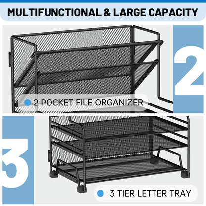 Desk File Organizer, 3-Tier Letter Tray Paper Organizer and 2-Pocket Metal Hanging Basket for Office School Classroom Organization