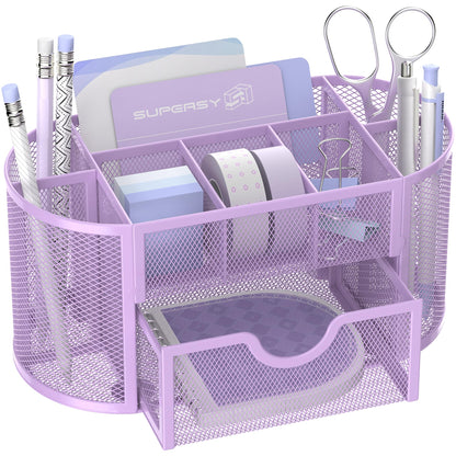 SUPEASY Mesh Desk Organizer, Desk Accessories & Workspace Organizers with Drawers, Pencil Holder for Desk with 9 Compartments for Office Suppliess, School, Classroom, 8.6 x 4.3 x 4.1 Inch, Purple