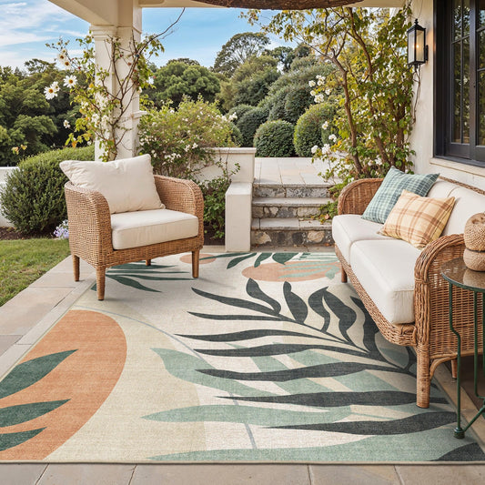 GENIMO Outdoor & Indoor Area Rug 8'x10', Waterproof, Non-Shedding, Easy Cleaning, Leaf Mat for Patio, Living Room, Balcony, Dining Room, RV, Deck, Bedroom, Camping, Outside Carpet, Beige Grey