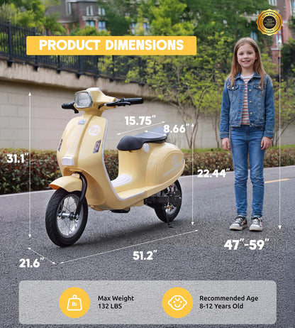 Kids Motorcycle, 2 Wheel Electric Motorcycle for Girls Ages 8-12, 24V Ride on Toys with Music, Story, Headlight, 3 Speed Options, Up to 60min Ride Time, for Riders up to 143 lbs, Easy Assemble, Yellow