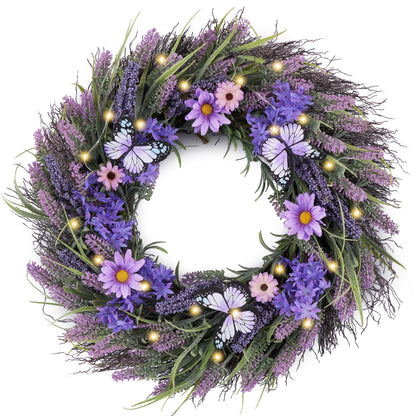 Valery Madelyn Spring Lavender Wreaths for Front Door, Artificial Floral Summer Wreath with Lights Purple Bellflower Berries Butterfly for Home Outside Wedding Porch Window Arch Decor-24''