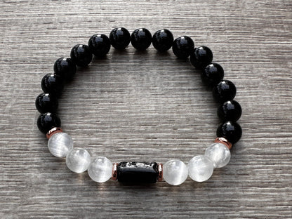 Black Tourmaline and Selenite Crystal Bead Bracelet 8mm, Genuine Black Tourmaline Cylinder with Copper Discs Stretch Gemstone Bracelet, Healing Crystal Bracelet, Gift for Men & Women (1)