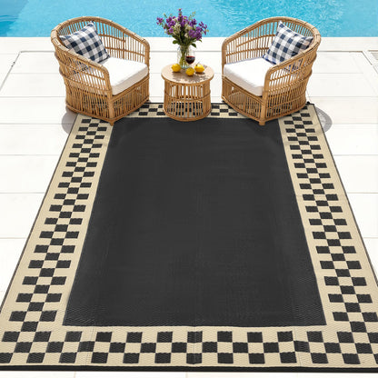 Checkered Outdoor Rug 8x10 Waterproof Modern Bordered Patio Rugs Plastic Straw Rug Large Indoor Outdoor Throw Carpets Reversible Mat for Picnic, Backyard, Rv, Beach, Deck, Camper, Balcony, Black