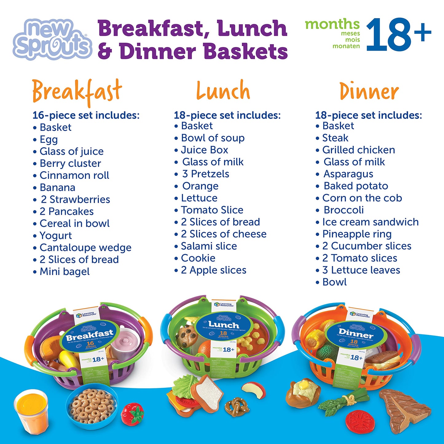 Learning Resources New Sprouts Bundle of Breakfast, Lunch and Dinner - Food Toys, Pretend and Play, Imaginative Skills, Toddlers Kitchen Toys, Fruit and Vegetable Basket, Gifts for Boys and Girls