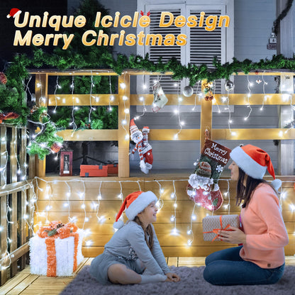 Icicle Lights for Outside, 216LED 24FT Waterproof Christmas Light Outdoor with 8 Modes & Timer, Connectable Christmas Icicle Lights for Eaves House Yard Indoor Outdoor Holiday Decoration(Cool White)