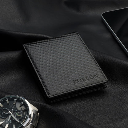 ZOELON Slim RFID Wallet for Men – Front Pocket Bifold with Money Clip & ID Window, Carbon Fiber Look, Gift Box