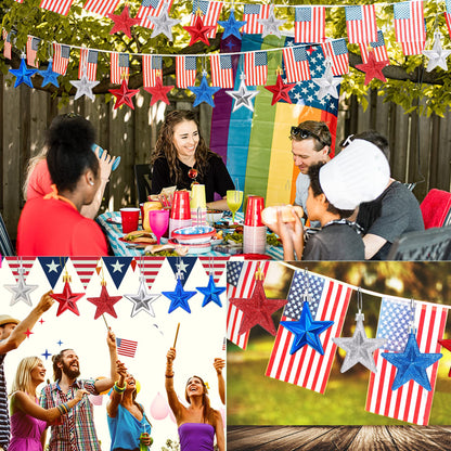 JULMELON 36Pcs Patriotic Star Ornaments Memorial Day Independence Day Labor Day Veterans Day Decorations for Home Party Christmas Tree Decor, Blue Red and Silver