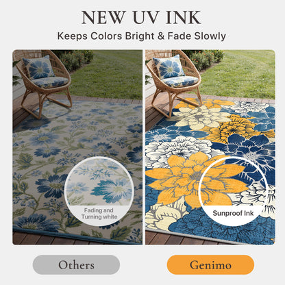 GENIMO Indoor Outdoor Area Rug 5'x8', Machine Washable Rugs for Patio, Waterproof, Non-Slip Easy Cleaning Floral Outdoor Mat Carpet for Living Room, Bedroom, RV, Balcony, Deck, Camping, Navy Blue