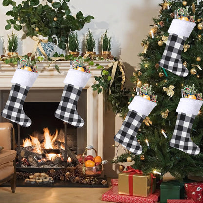 Christmas Stockings 4 Pack,Buffalo Plaid Christmas Stockings,20 Inch Classic Large White Black Plaid Christmas Stockings Decorations,Xmas Stockings Set of 4 Fireplace Family Holiday Party Decor