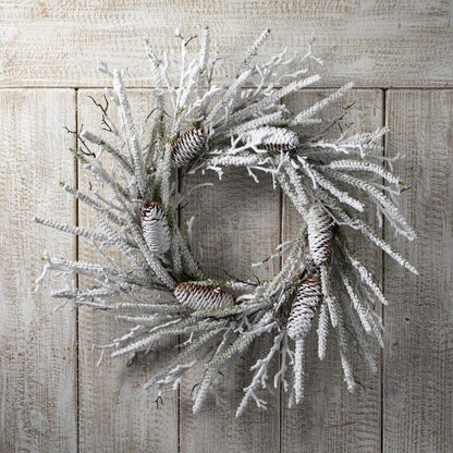 Sullivans 24" Flocked Pine Twig Wreath, Christmas Wreath, Front Decor Decor, Perfect for Fireplace Mantels, Dining and Living Rooms