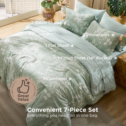 Bedsure Queen Comforter Set - 7 Pieces Floral Sage Green GentleSoft™ Bedding Sets, Queen Bed in a Bag with Botanical Flowers Winter Comforter, Sheets, Pillowcases & Shams