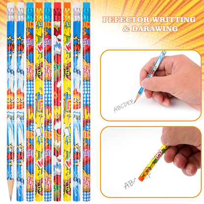 Kolewo4ever 200 Pieces Hero Text Pencils Cylinder Wood Pencils Pow Snap Wham Bang Elements Pencil 4 Style Assorted Students Pencil for Classroom Rewards Carnival Prizes
