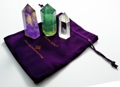 Set of 3 Healing Crystal Wands of 3 Stones: Clear Quartz, Fluorite, Amethyst Pointed & Faceted Prism Bars for Reiki Chakra Meditation Therapy Decor