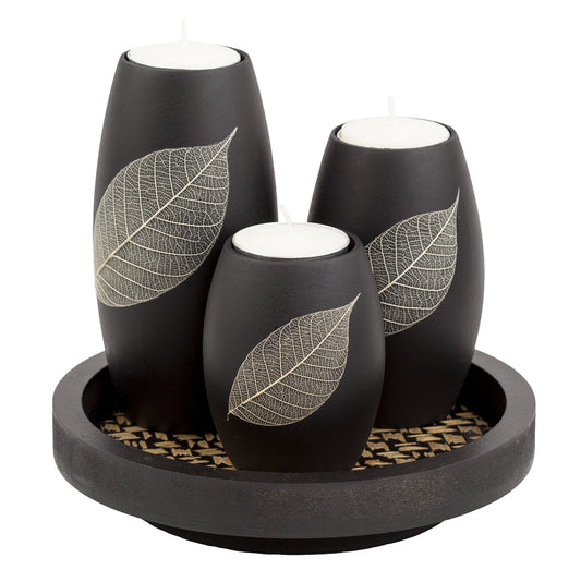IYARA CRAFT Candle Holder Set with Tray – 3 Handmade Wood Tealight Holders, Black Leaf Design, Winter Home Décor, Spa-Inspired Holiday Centerpiece & Elegant for Women, Mom, Housewarming