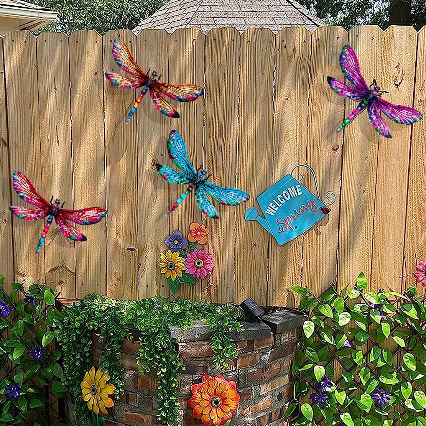 SUNREEK Metal Dragonfly Wall Decor, 9 Inches Dragonfly Outdoor Wall Art for Fence Garden Yard Patio Decorations