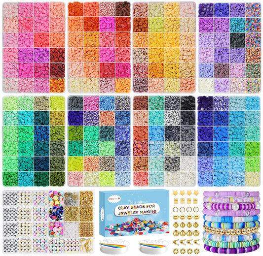 Redtwo 28000 Pcs Clay Beads Bracelet Making Kit, 192 Colors 9 Boxes Flat Polymer Heishi Beads Set for Friendship Jewelry Making with Pendant Charms Crafts Gifts for Girls Ages 6-12 Kids Adults