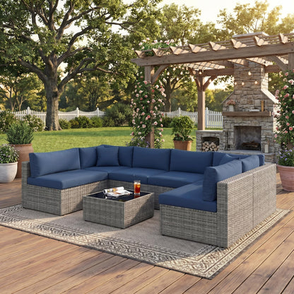 May in Color 7 Pieces Wicker Outdoor Patio Furniture Set, Patio Sectional Sofa with Coffee Table, All-Weather Outdoor Sectional Furniture for Garden Backyard, Navy Blue
