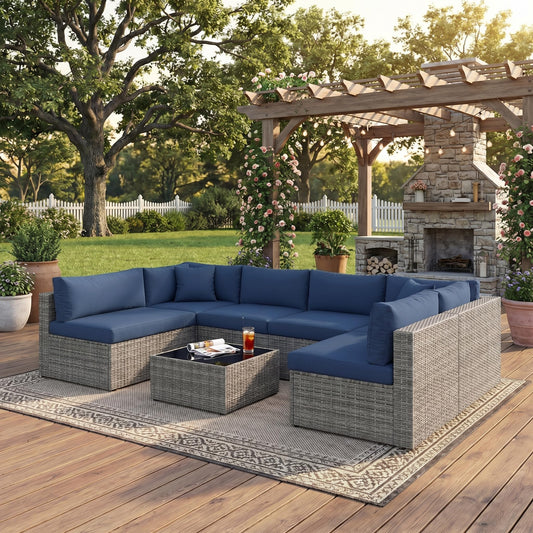 May in Color 7 Pieces Wicker Outdoor Patio Furniture Set, Patio Sectional Sofa with Coffee Table, All-Weather Outdoor Sectional Furniture for Garden Backyard, Navy Blue