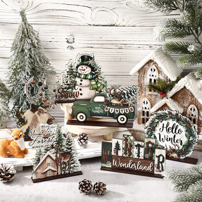 Yuntau 6 Pcs Winter Wonderland Wooden Table Decorations Christmas Wood Tabletop Sign Centerpiece Rustic Decorations for Office Farmhouse Home Decor