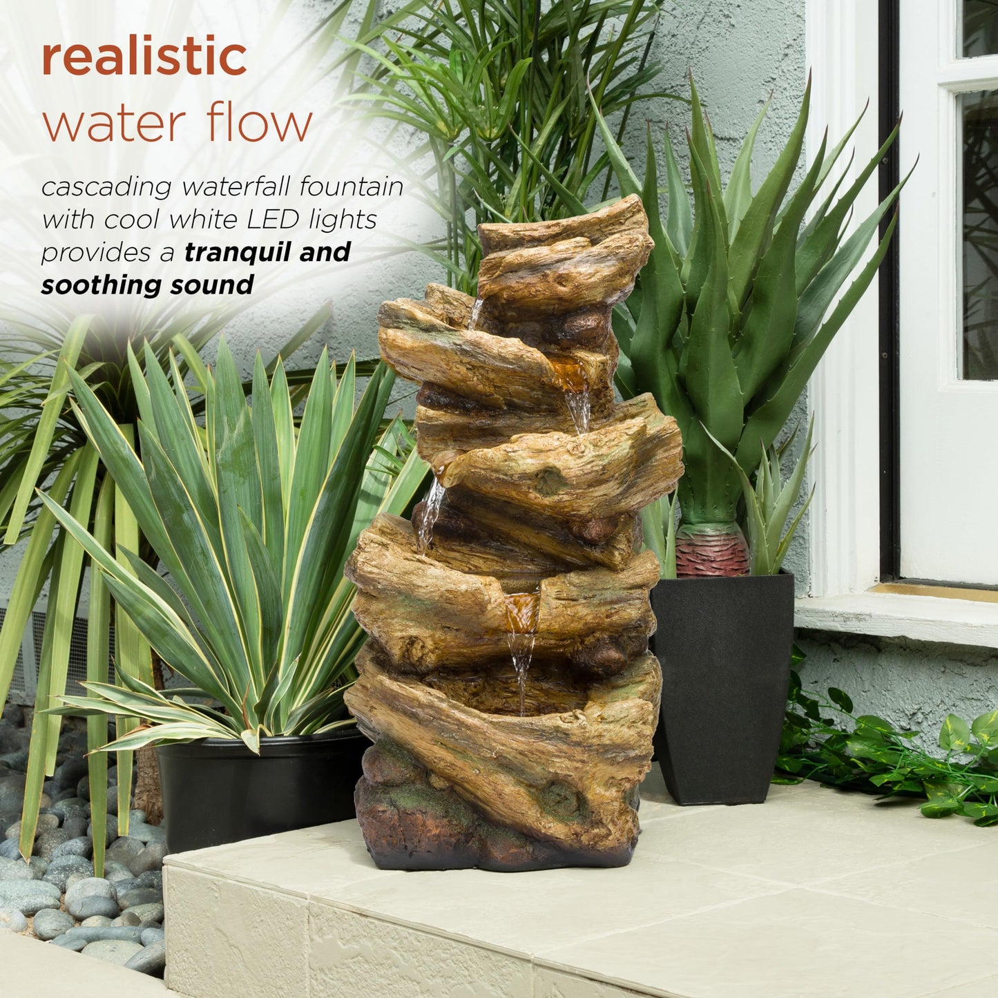 Alpine Corporation TZL226 Outdoor 4 Tier Log Tree Trunk Waterfall Floor Fountain with LED Lights, Tiered Garden Décor, 24" H, Brown