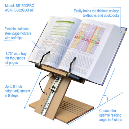 A+ Book Stand BS1500PRO Large Portable Height Adjustable Foldable Eye-Level Ergonomic Bookstand Holder for Reading Hands Free Large Thick Heavy College Textbooks Tablets Neck Pain Free