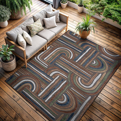 CAMILSON Indoor Outdoor Rug, Brown 9x12 Geometric Arch Striped Large Area Rugs for Patio and Home Areas, Easy-Cleaning Non-Shedding Living Room, Garden and Deck Washable Outside Carpet (9 x 12)