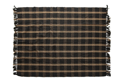 Plaid Black & Tan Fringed Woven Cotton Blend Throw