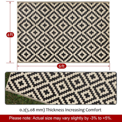 SAND MINE Reversible Mats, Plastic Straw Rug, Modern Area Rug, Large Floor Mat and Rug for Outdoors, RV, Patio, Deck, Beach, Camping (Black & Beige Lattice, 4' x 6', -3% to 5% Size Variance)