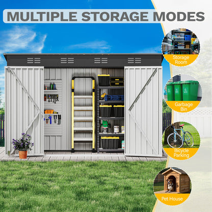 DWVO 8.5' x 3.5' Outdoor Storage Shed, Lockable Double Doors, Sloped Roof, Heavy-Duty Steel Shed for Garden & Patio, Large Backyard Tool Organizer, Dark Gray