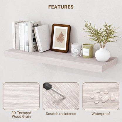 Acovy 24 Inch Floating Shelves, 3D Textured Wood Grain, 24"x9.25"x1.5" Inch Deep Floating Shelves for Wall, Wooden Shelves for Bathroom, Bedroom, Living Room, Washed White, 2 Pieces